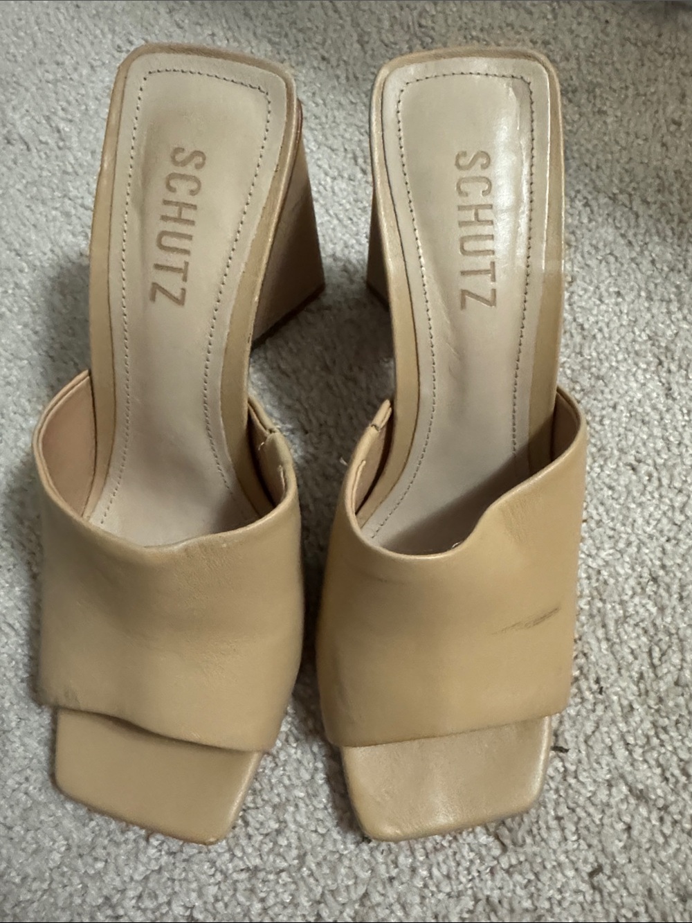 SCHUTZ Beige/Tan Square-Toe Block-Heel Mules